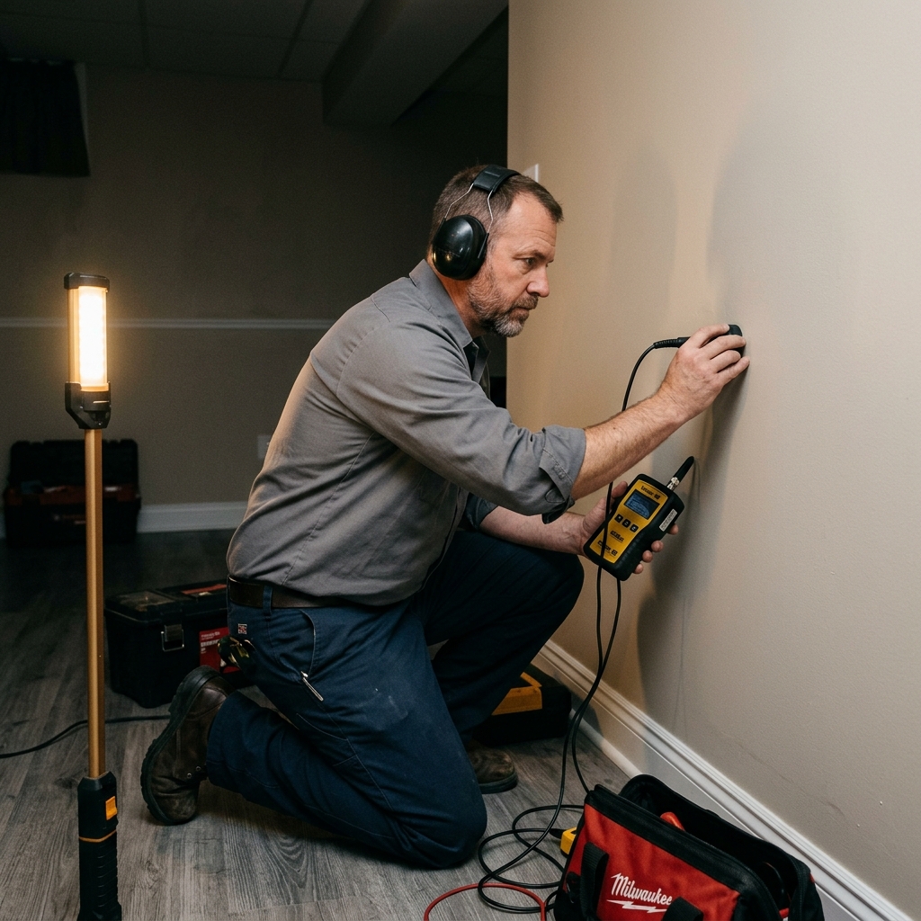 Plumber using leak detection equipment in a Denver basement