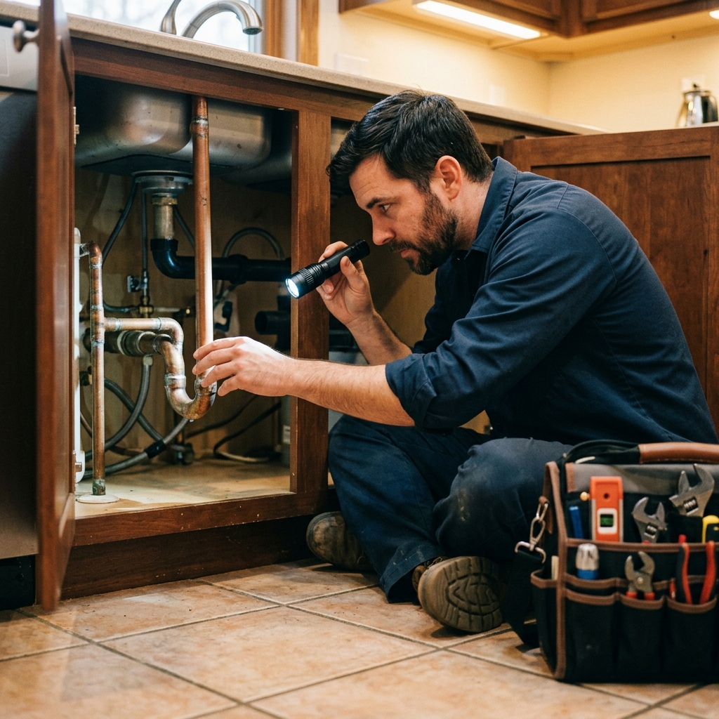Mile High Plumbing technician working on copper pipes in a Denver home
